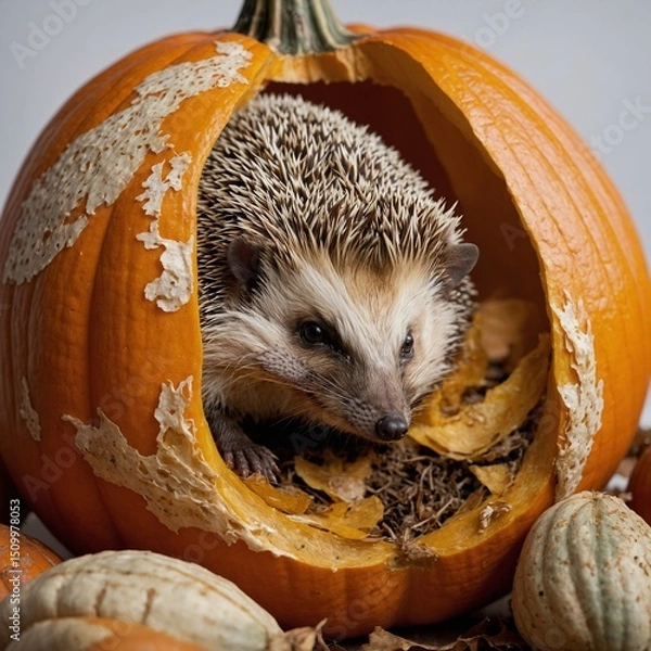 Fototapeta A hedgehog curled up inside a pumpkin shell with white background.