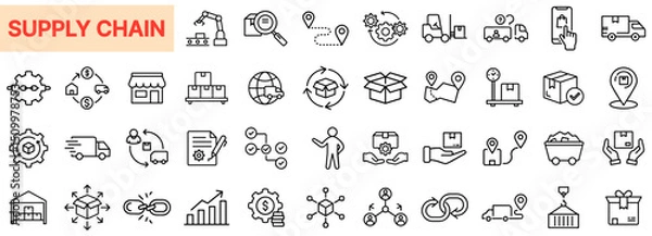 Fototapeta Supply Chain and Logistics Line Icon Design Featuring Shipping Routes, Warehouse Operations, Inventory Tracking, Distribution Networks, Delivery Vehicles, Package Flow, Resource Management, and Fulfil