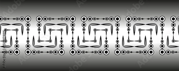 Fototapeta Monochrome abstract zigzag seamless border. Black circles and parallel perpendicular lines. Black complex geometry shapes on gradient background. Clear strict ornament
