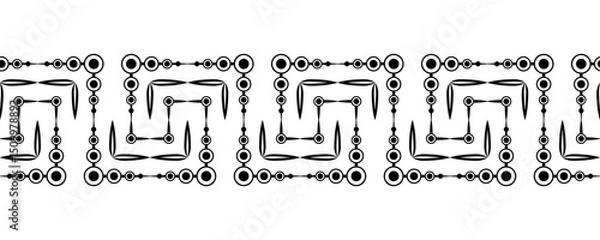 Fototapeta Monochrome abstract zigzag seamless border. Black circles and parallel perpendicular lines. Black complex geometry shapes on white background. Clear strict ornament