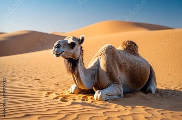 Obraz serene camel resting amid exotic desert dunes under clear blue skies
