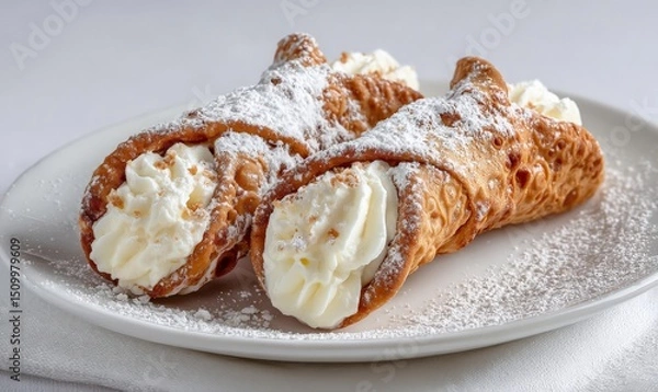 Fototapeta A plate of three delicious cannoli topped with powdered sugar, filled with creamy ricotta, on a smooth surface.