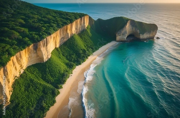 Obraz majestic coastal cliffs with serene beach and crystal-clear aquamarine waters