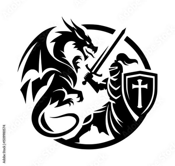 Obraz Knight Fighting Dragon Black Vector Icon Logo