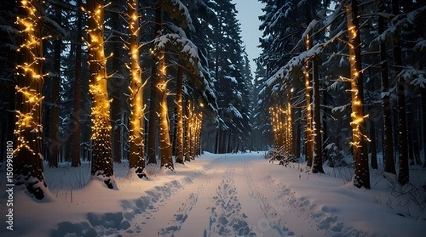 Fototapeta Pine trees wrapped in golden fairy lights. Snowy path filled with golden fairy lights. Snowy forest. Pine trees. Golden fairy lights. Winter landscape. Winter look. generative.ai