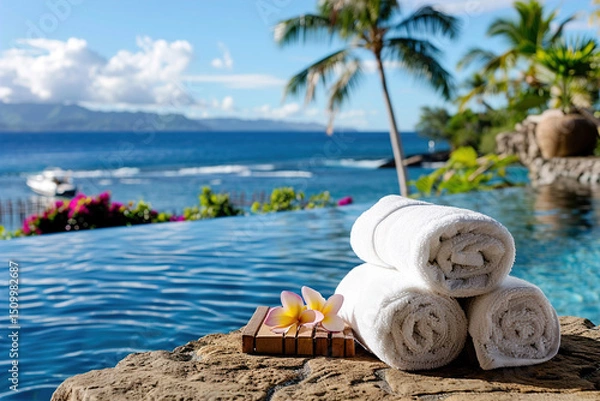Fototapeta Rolled towel placed on stone pool edge, vibrant summer backdrop with palm trees trees palm with backdrop summer. update