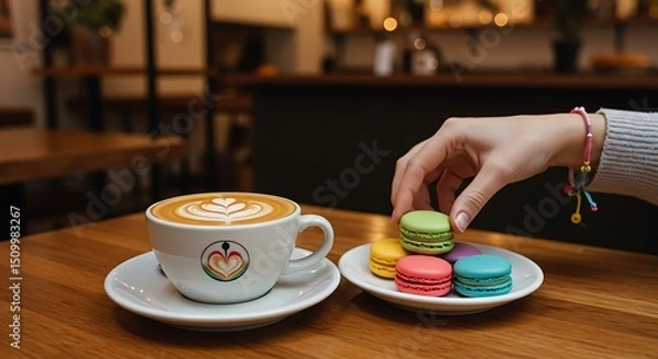 Fototapeta Enjoying a Latte and Colorful Macarons at a Cozy Coffee Shop