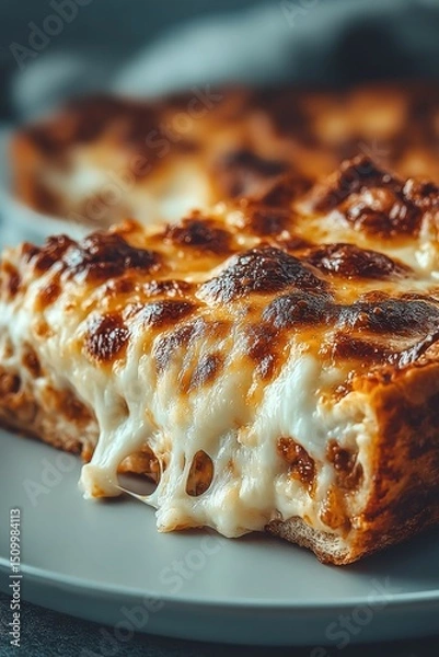 Obraz Fresh cheese pizza slice with melting cheese, close-up. Delicious fresh pizza with strands of melted cheese.	
