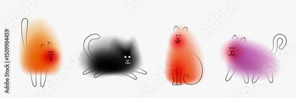 Fototapeta Cat cartoon character. Creative art composition with blurred gradient and simple line elements. Set of bright modern design animal in minimalistic style. Vivid vector illustration.