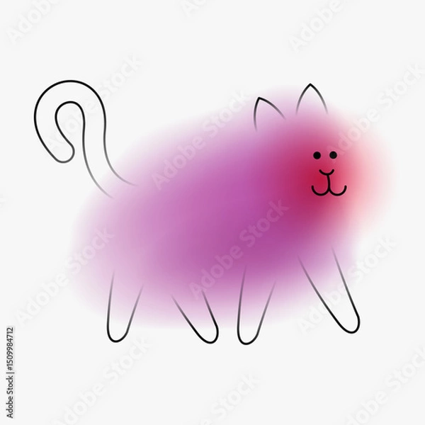 Obraz Friendly walking cat character. Creative art composition with blurred gradient and simple line elements. Set of bright modern design cartoon animal in minimalistic style. Vivid vector illustration.