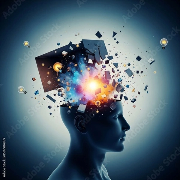 Fototapeta Abstract human head bursting with ideas—symbolizing creative thinking. Ideal for innovation, strategy, and breakthrough concepts