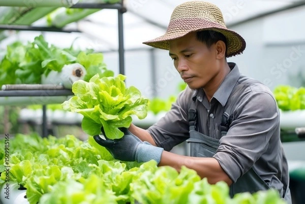 Obraz Farmer examining fresh lettuce in a hydroponic greenhouse