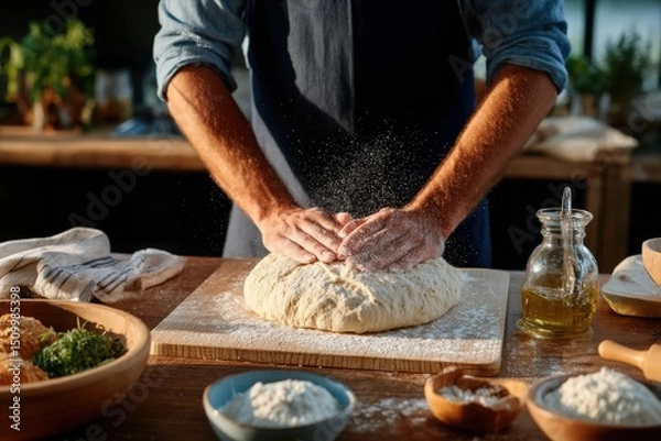 Fototapeta Dough being kneaded by hand with flour dust rising in mid-air
