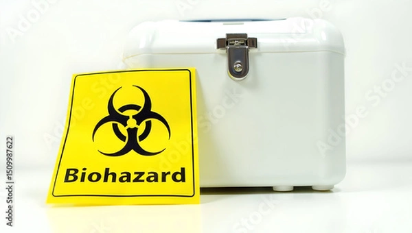 Obraz White Biohazard Container and Warning Label on White Background