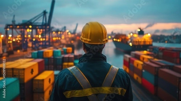 Obraz Cargo handling operations shipping port industrial scene evening aerial view logistics management
