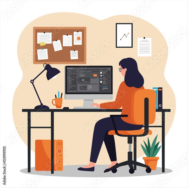Fototapeta Working at home, freelancers working on laptops and computers at home. Vector flat style illustration