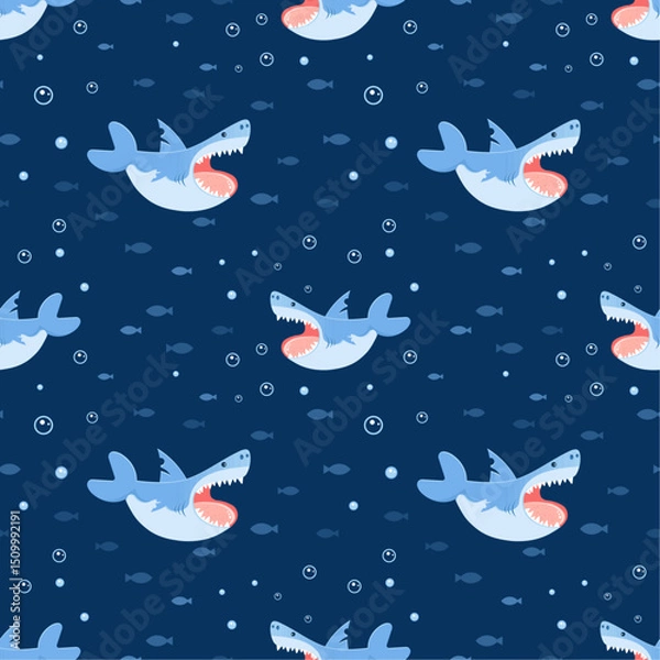 Obraz Seamless vector pattern with cute shark, fish silhouettes and bubbles on blue background – ocean animals design for kids, textile, nursery, wrapping paper, summer decoration