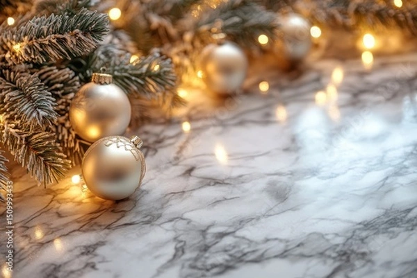 Fototapeta Festive marble table adorned with gold and silver ornaments against a backdrop of twinkling holiday lights and frosted greenery