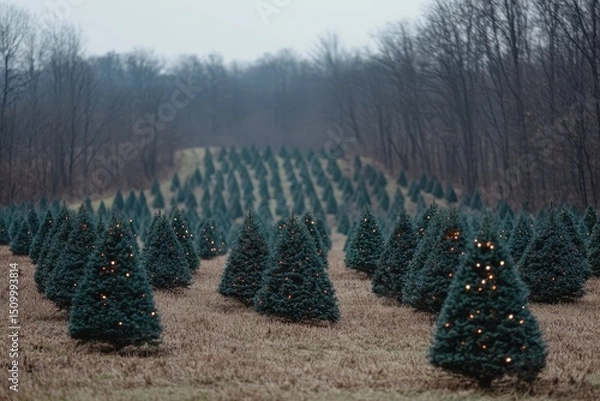 Fototapeta Dusk settling over a Christmas tree farm with twinkling lights illuminating the evergreen trees in a quiet countryside setting