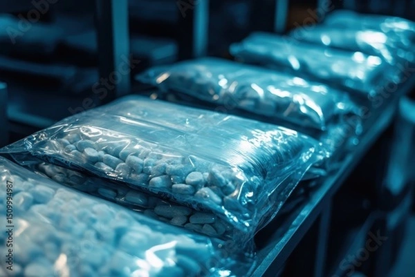 Obraz Bags of fentanyl discovered during drug trafficking investigation in an industrial setting, Fentanyl Bags Dangerous Drug Moving Shot
