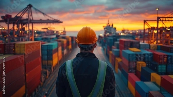 Obraz Container shipment operations at dusk port dock industrial scene urban landscape worker perspective