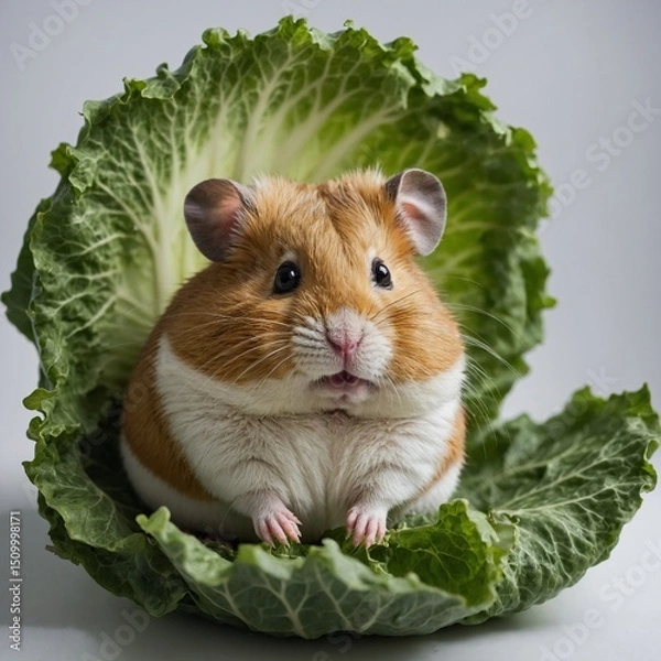 Fototapeta A chubby hamster sitting inside a hollowed cabbage leaf on white.