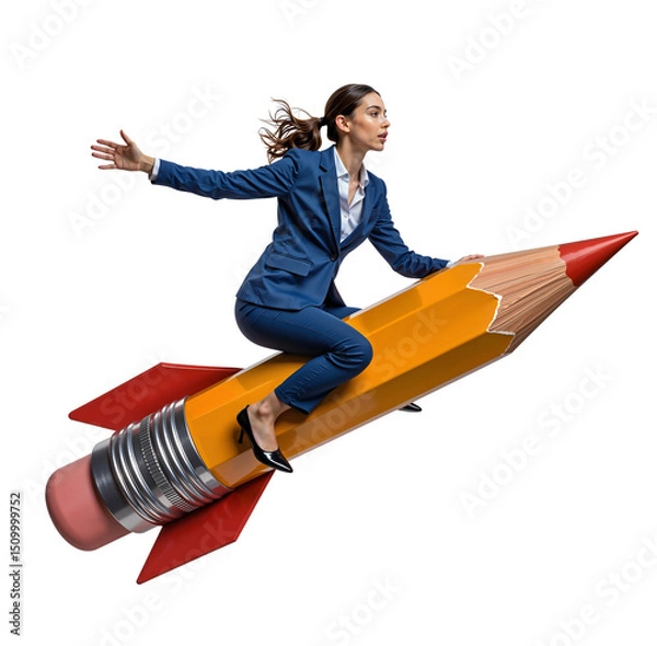 Fototapeta Businesswoman on Pencil Rocket: A determined businesswoman in a sharp blue suit rides a giant pencil rocket, soaring through the air with determination and ambition. This image symbolizes innovation.