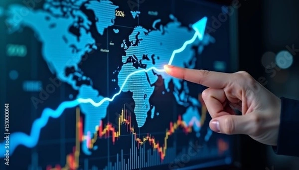 Fototapeta Hand holding a virtual business graph on a digital screen, symbolizing global technology and future connection
