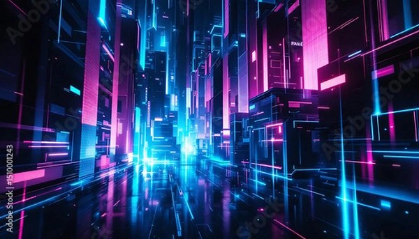 Fototapeta  Cityscape in Neon Glow: A Digital Metropolis Dream