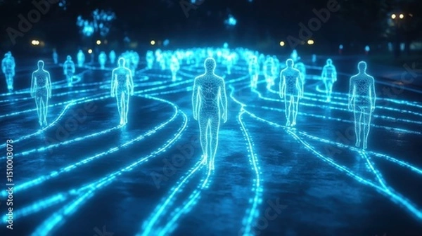 Obraz Futuristic walkers moving through neon streets urban environment digital art nighttime view concept of connectivity