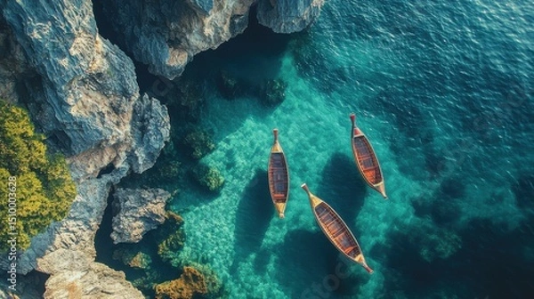 Obraz Serene boat adventure coastal waters aerial photography natural landscape tranquil setting exploration concept