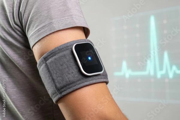 Obraz Wearable health monitor on arm with digital heart rate display, fitness tracking device for exercise and health monitoring, modern technology for active lifestyle