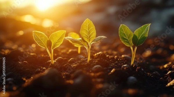 Obraz Nurturing green seedlings grow in fertile soil at sunrise nature photography tranquil environment close-up perspective