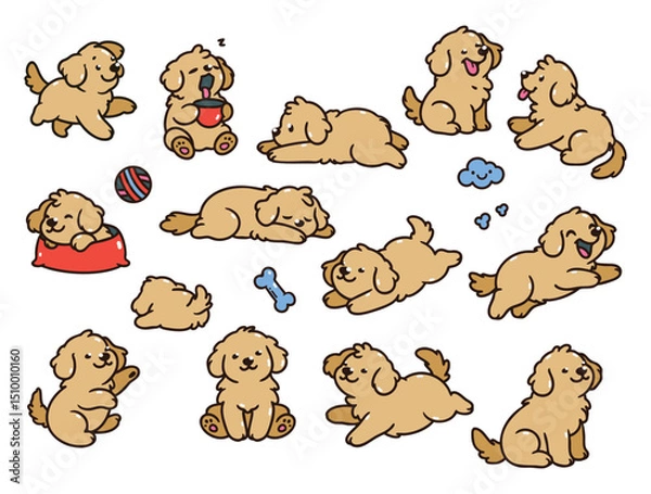 Fototapeta Set of Golden Retrievers in various poses with hand-drawn vector illustrations. Doodle flat art style, isolated and easy to use for creative projects and designs.
