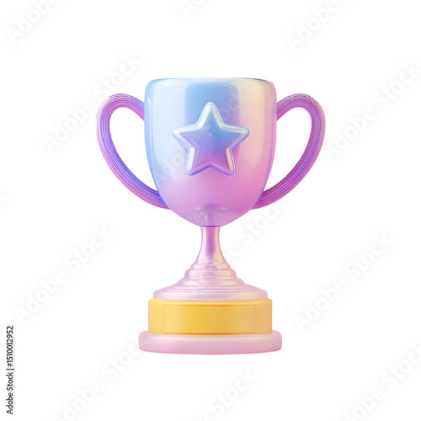 Fototapeta A vibrant 3D trophy cup icon in a soft pastel color palette with a glossy blue star accent set against a clean white background for a modern minimalist aesthetic