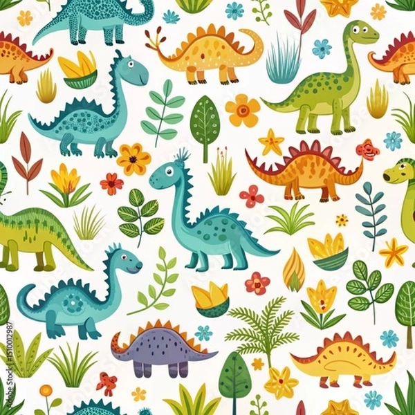 Fototapeta Cute dinosaur pattern with flowers and plants