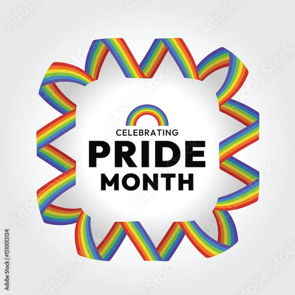 Fototapeta Celebrating pride month text in frame with ribbon pride rainbow roll waving around vector design