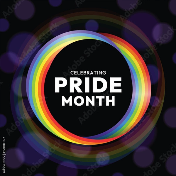 Fototapeta Celebrating pride month text in abstract circle frame pride rainbow flag on dark background with bokeh ligh vector design