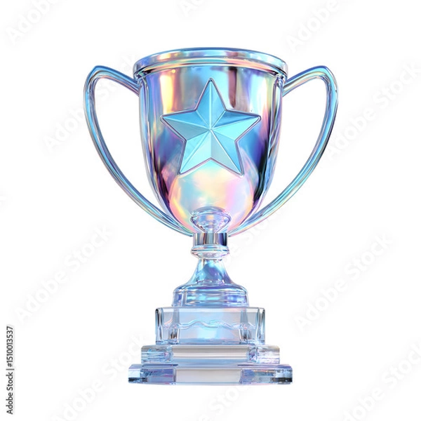 Fototapeta Sleek and shimmering iridescent 3D trophy cup icon with a brilliant blue star design rendered with a glossy reflective finish on a transparent background