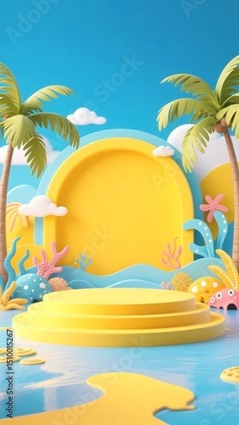 Fototapeta Vibrant Summer Beach Scene 3D Render of Tropical Paradise Display Stand, Ideal for Product Showcase, Summer Promotion, or Tropical Themed Designs.