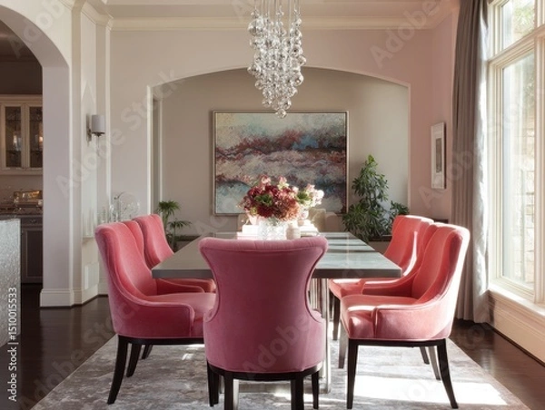 Fototapeta Pink dining chairs arranged around a light gray table in a light-toned dining room.