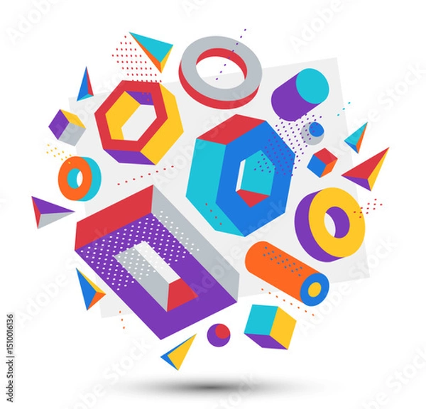 Obraz Colorful 3D shapes vector composition isolated on white background, bright positive dimensional design elements, boxes and cylinders and other shapes simple stylish illustration.