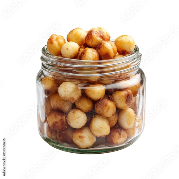 Fototapeta Roasted macadamia nuts in glass jar, showcasing their golden brown color and crunchy texture, create inviting and delicious snack option. natural light enhances their appeal