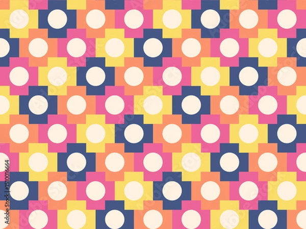 Fototapeta Seamless Retro Geometric Pattern with Cross and Dot Motif – Colorful 60s Style Design  A seamless geometric pattern featuring cross shapes with polka dot circles in the center. 