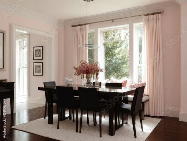 Fototapeta A light pink dining room with a large window.