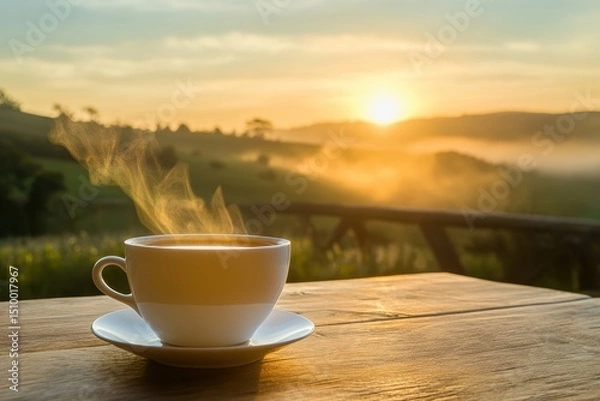 Obraz Enjoying a steaming cup of tea while watching the breathtaking sunrise over the hills, Steaming tea cup on wooden table by the sea with breathtaking sunrise Relaxation concept