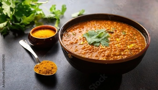 Obraz Masoor Dal Indian Red Lentil Curry with Turmeric and Fresh Herbs in Bowl