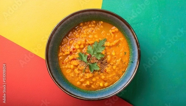 Obraz Masoor Dal Indian Red Lentil Curry with Turmeric and Fresh Herbs in Bowl on vibrant back ground top view