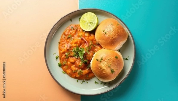 Obraz Pav Bhaji Indian Street Food with Spiced Mashed Vegetables and Bread Rolls on pastel color background top view