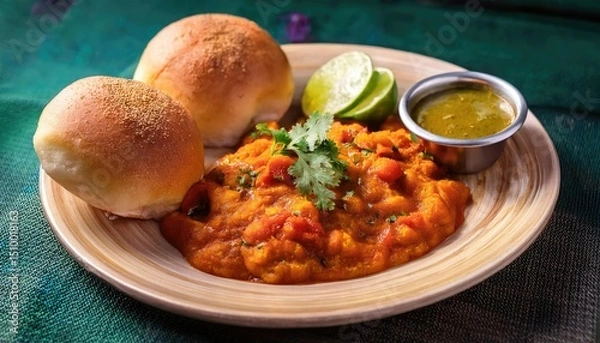 Obraz Pav Bhaji Indian Street Food with Spiced Mashed Vegetables and Bread Rolls